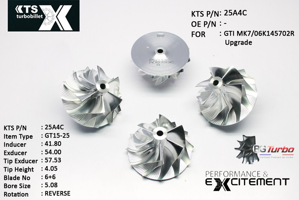 Turbo ROUE FORGÉE MFS PERFORMANCE - 6+6 PALES - INDUCER : 41,8 - EXDUCER : 54 - TYPE : GT15-25ANGLE : 55° - ROTATION : Reverse - SUPER BACK : 1,53 - BORE SIZE : 5,08
